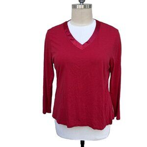 BLIS - Women's Red Satin Trimmed V Neck Long Sleeve Relaxed Tee 3X Plus
